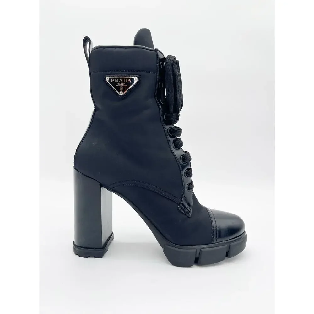Prada Black Spazzolato Leather Re-Nylon Triangle Logo Lug Sole Ankle Boots IT 40 - Picture 2 of 13